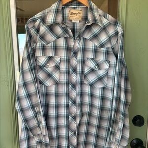 Vintage Wrangler Men’s Teal & Gray Plaid Pearl Snap Button-Down Western Shirt